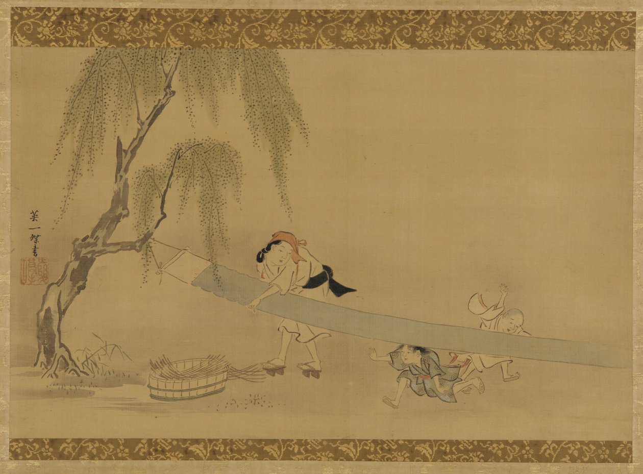 Kurutmak için kumaşı geren kadın, iki çocuk oyun oynuyor, Edo dönemi, 17. yüzyılın sonu-18. yüzyılın başı. by Hanabusa Itcho