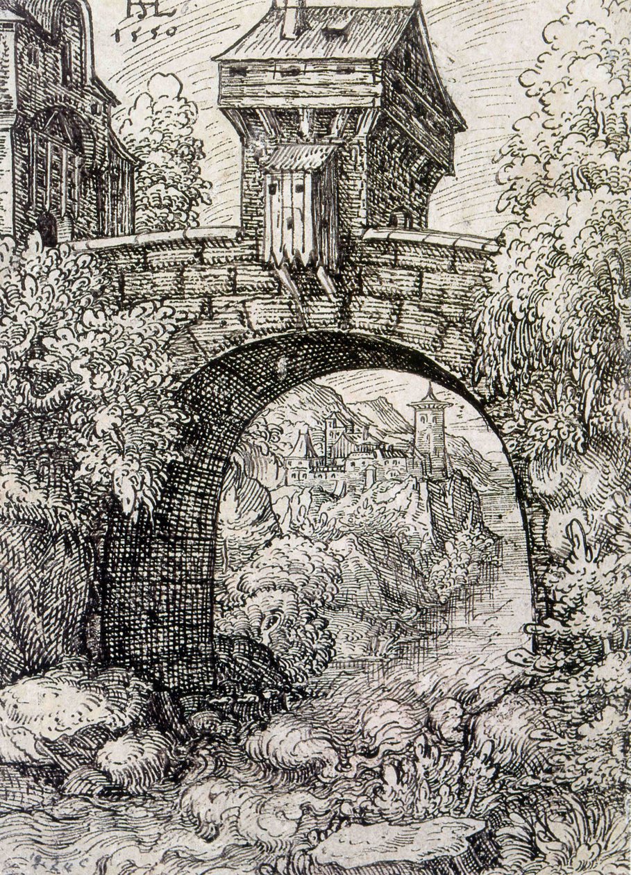 Köprü kapısı ve su ile kırsal, c.1550 (gravür) by Hanns Sebald Lautensack