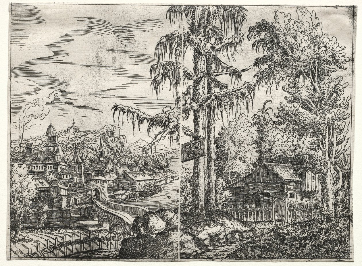 Nehirdeki Kasaba ve Ağaçlar Arasındaki Kulübe ile Manzara, 1551. by Hanns Sebald Lautensack