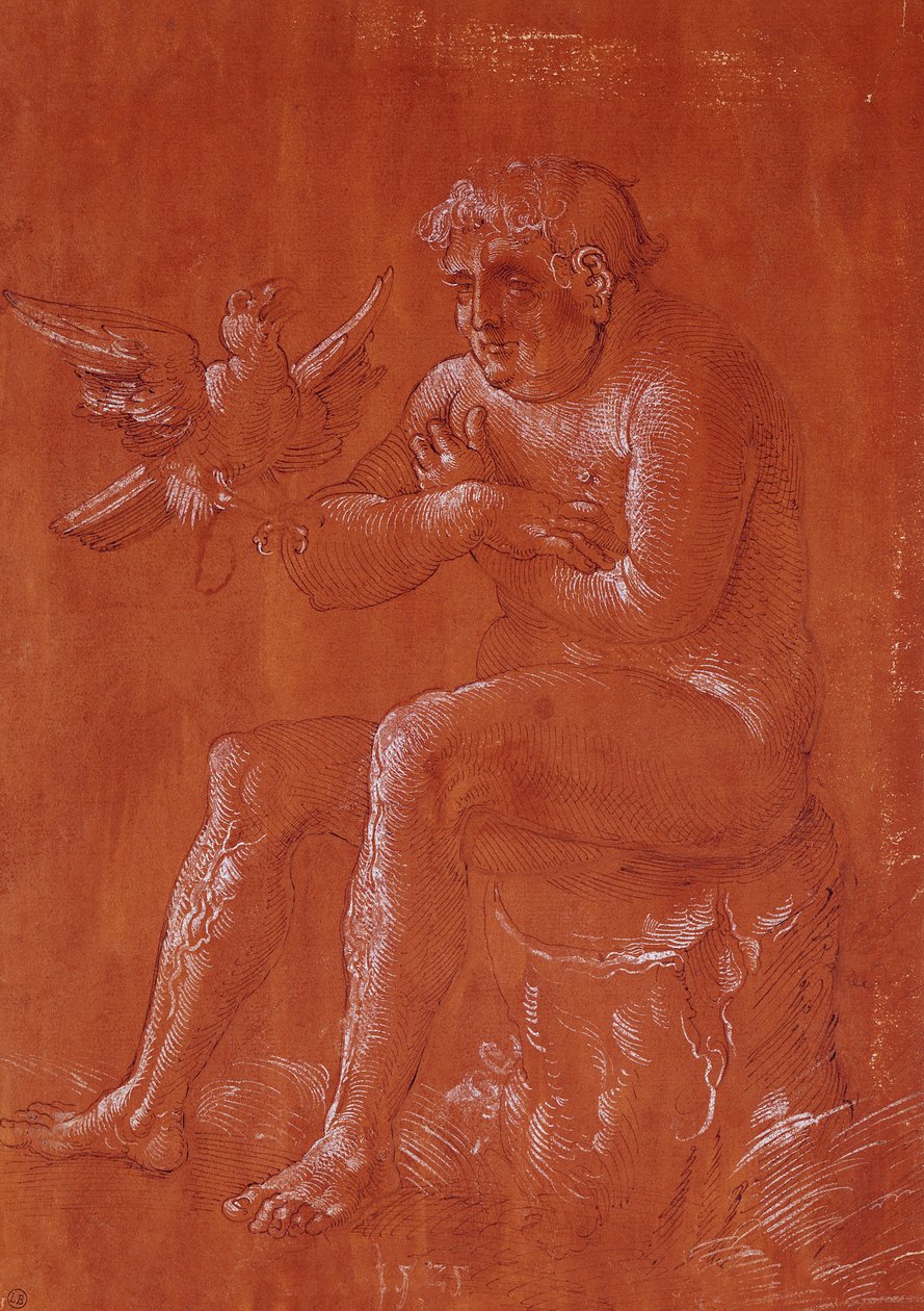 Bir papağan dinleyen bir ağaç gövdesinde oturan çıplak adam by Hans Baldung Grien