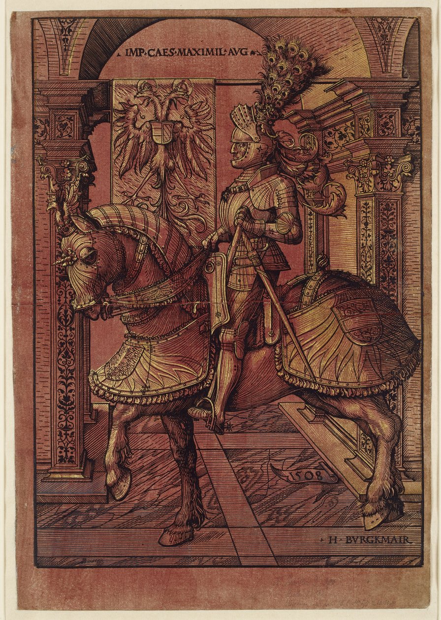 İmparator Maximilian I, at sırtında silahlanmış, 1508 (parlak gölgeli gravür) by Hans Burgkmair