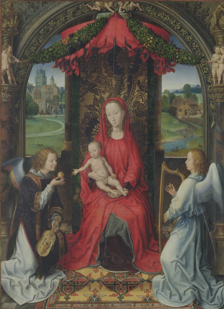 Madonna ve Çocuk İki Melekle Tahta Geçti, 1490-91 by Hans Memling