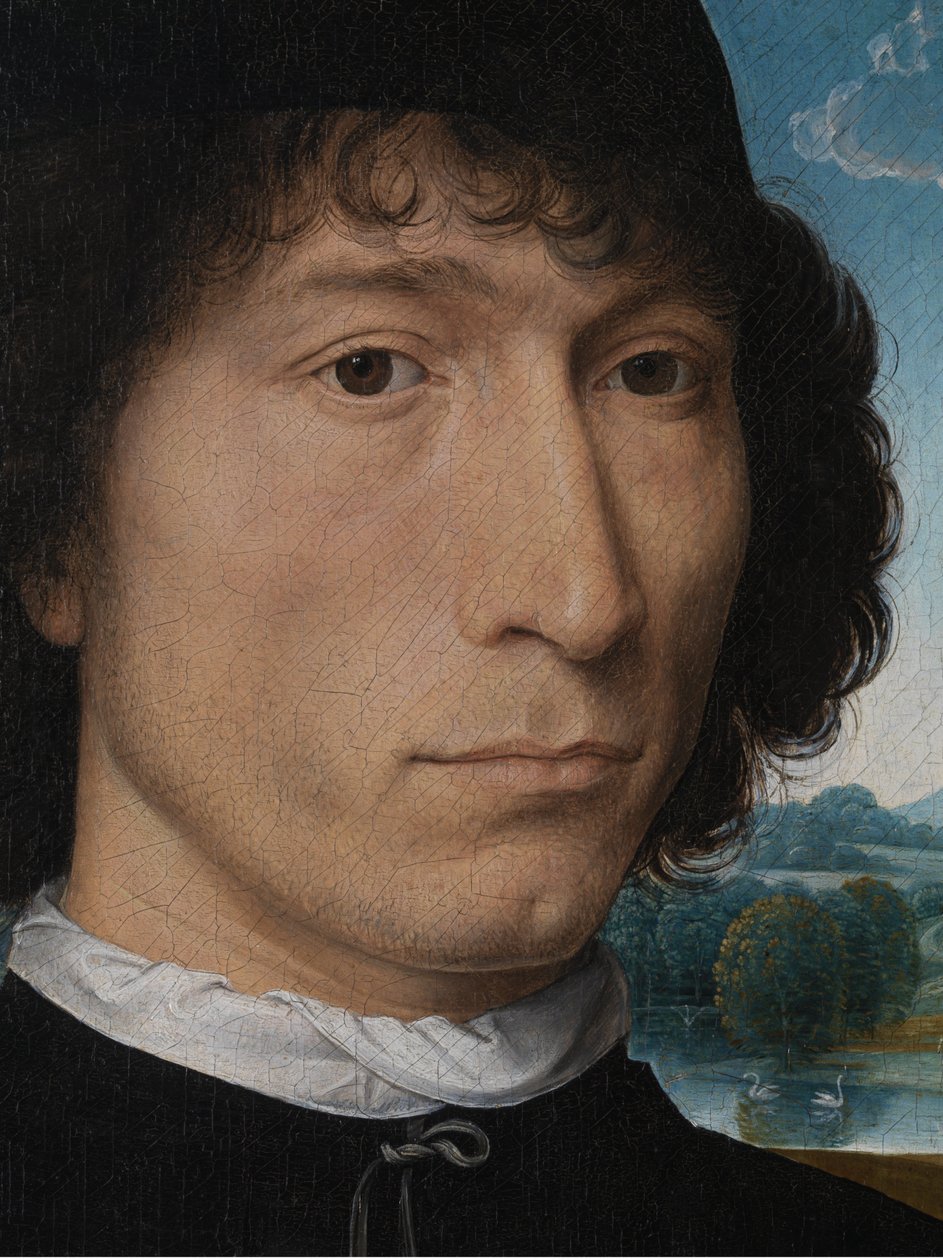 Eski bir madeni para olan bir adamın portresi by Hans Memling
