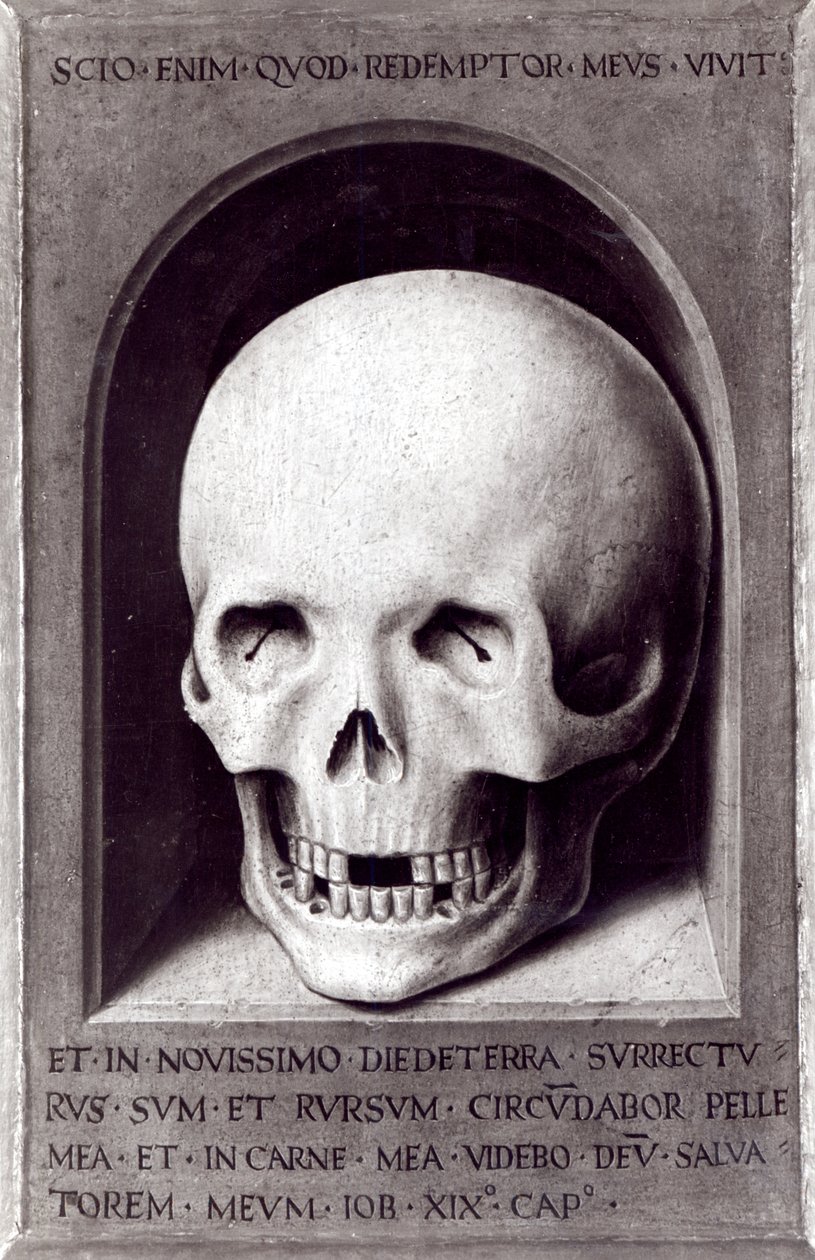Kafatası, Dünyevi Kibir ve İlahi Kurtuluş Üçlüsünden ters sağ panel, c.1485 by Hans Memling