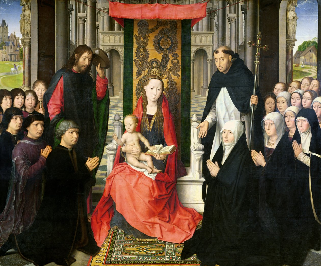 Aziz James ve Aziz Dominic ile Bakire ve Çocuk Bağışçıları ve Ailelerini Sunarken, Jacques Floreins Bakiresi olarak bilinir, c.1490 by Hans Memling