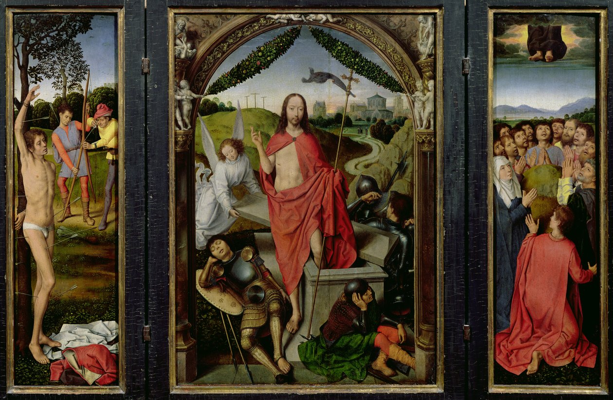Diriliş Üçlemesi: Diriliş (ortada) Aziz Sebastian Şehitliği (solda) ve Yükseliş (sağda) c.1485-90 by Hans Memling