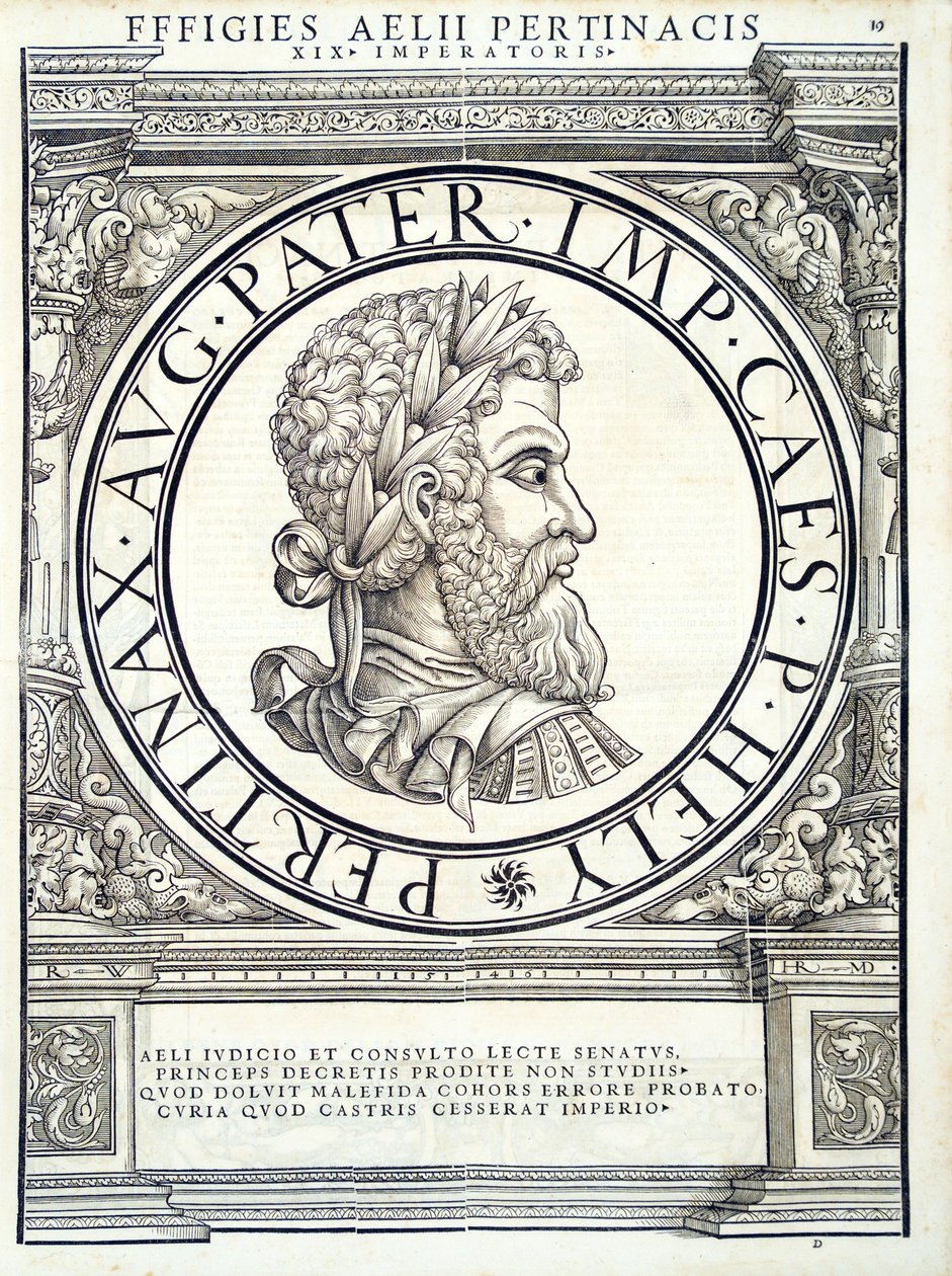 Aelius Pertinax, tüm Doğu ve Batı Roma İmparatorlarından illüstrasyon, antik sikkelerin en gerçek resimleri, Rudolph Wyssenbach tarafından gravür, Andreas Gesner, Zuric tarafından basılmıştır by Hans Rudolf Manuel Deutsch