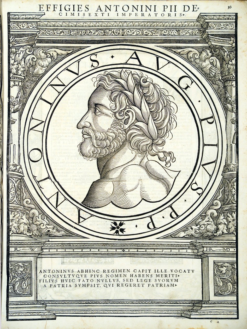 Antoninus Pius, Doğu ve Batı Roma İmparatorlarından eski sikkelerin en özgün resimlerini içeren illüstrasyon, Rudolph Wyssenbach tarafından gravür, Andreas Gesner, Zürih tarafından basılmıştır by Hans Rudolf Manuel Deutsch