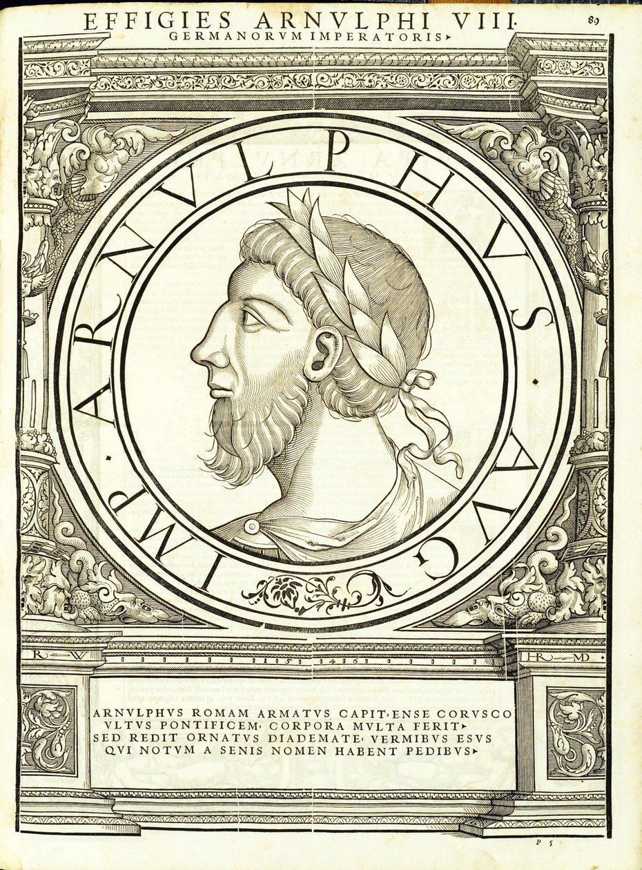 Arnulphus, tüm Doğu ve Batı Roma İmparatorlarından eski sikkelerin en özgün resimlerini içeren illüstrasyon, Rudolph Wyssenbach tarafından gravür, Andreas Gesner tarafından basılmıştır, Zürih, 155 by Hans Rudolf Manuel Deutsch