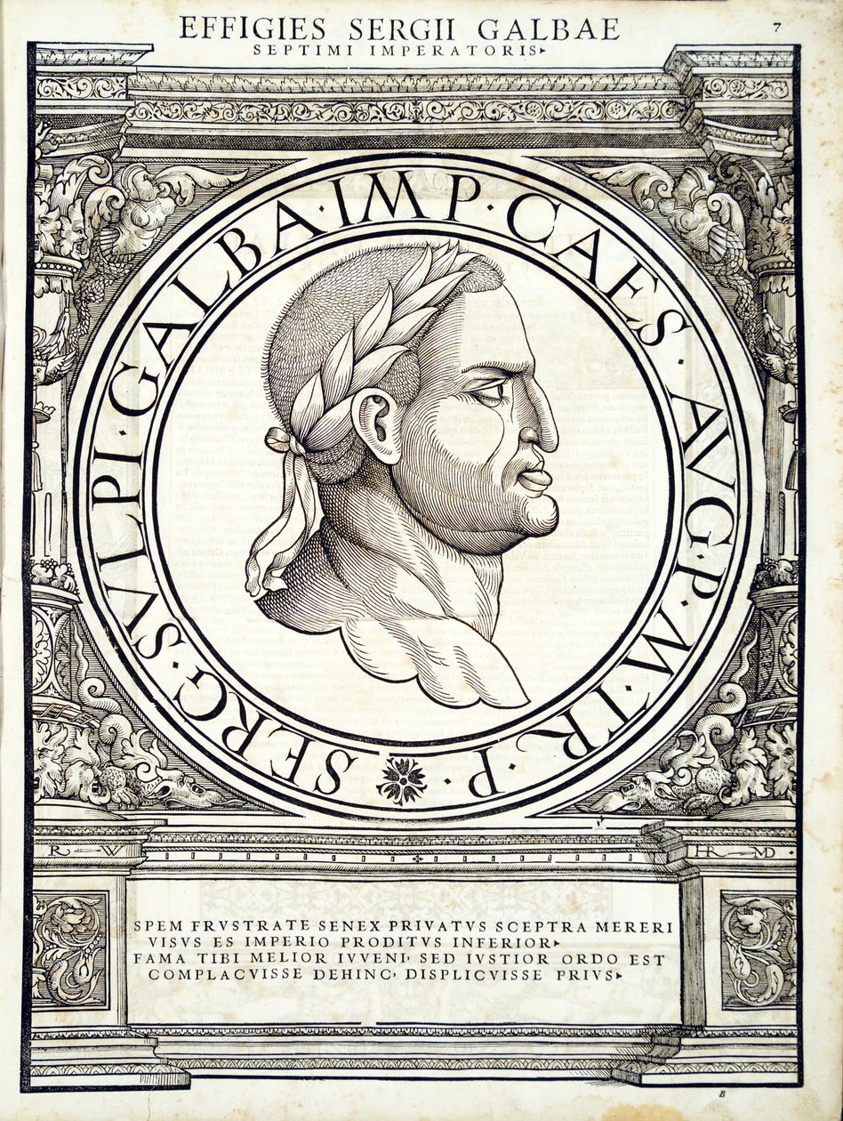 Galba, Doğu ve Batı Roma İmparatorlarının en özgün resimlerinden bir örnek, Rudolph Wyssenbach tarafından gravür, Andreas Gesner tarafından basılmıştır, Zürih, 1559 wo by Hans Rudolf Manuel Deutsch
