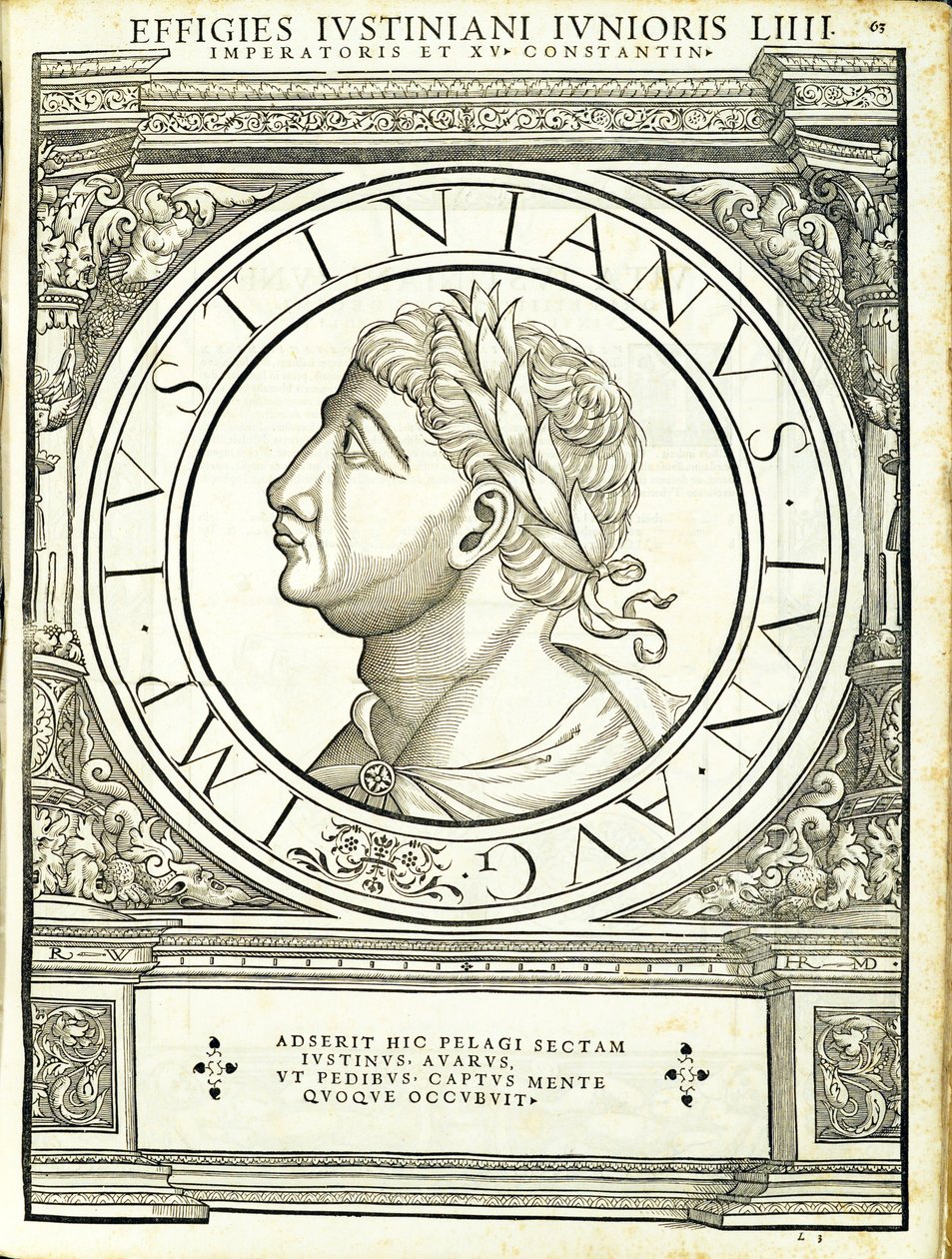 Justinian II, tüm Doğu ve Batı Roma İmparatorlarından eski sikkelerin en otantik resimleriyle çizim, Rudolph Wyssenbach tarafından gravür, Andreas Gesner, Zürih tarafından basıldı by Hans Rudolf Manuel Deutsch