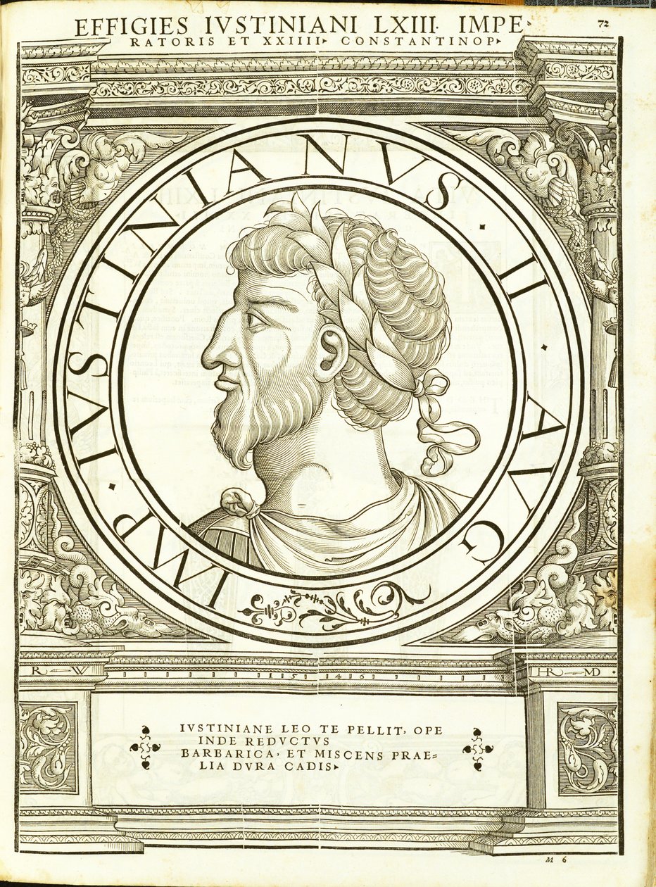 Justinian II, tüm Doğu ve Batı Roma İmparatorlarından eski sikkelerin en otantik resimleriyle çizim, Rudolph Wyssenbach tarafından gravür, Andreas Gesner, Zürih tarafından basıldı by Hans Rudolf Manuel Deutsch