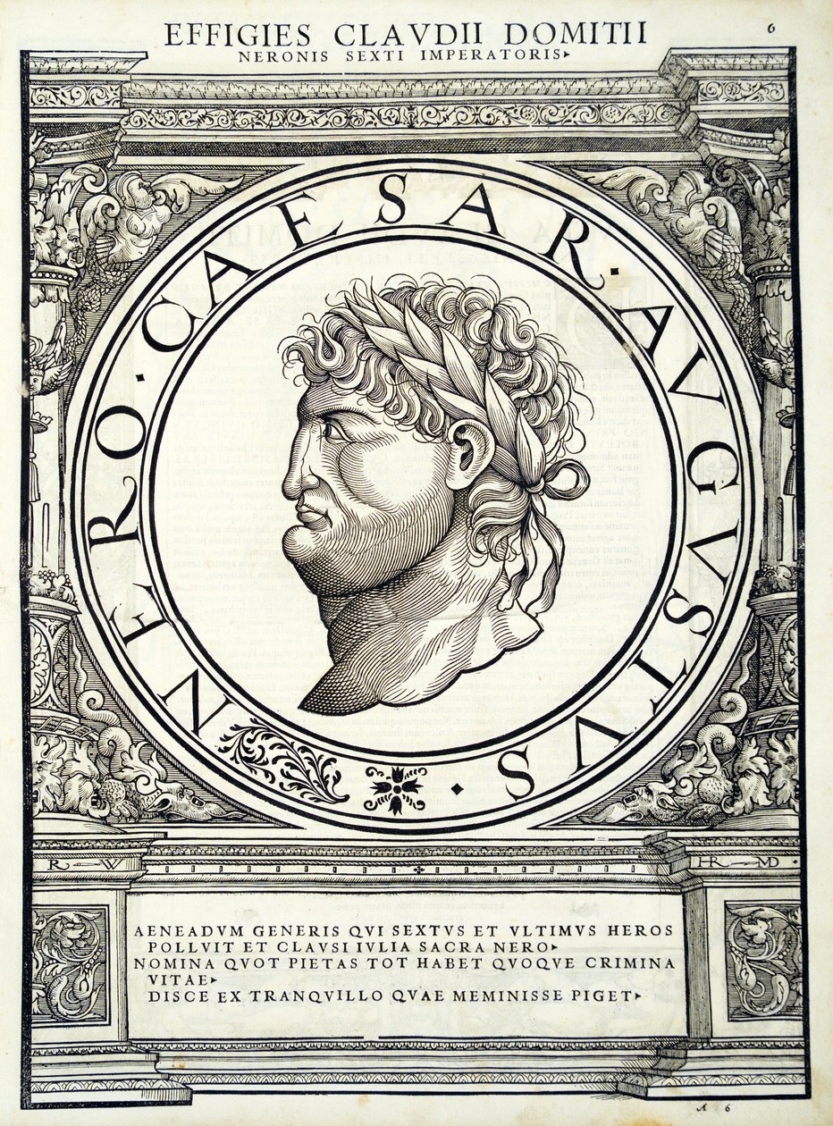 Nero, 'Tüm Doğu ve Batı'nın Roma İmparatorları'ndan bir çizim, Rudolph Wyssenbach tarafından gravür, Andreas Gesner tarafından basılmış, Zürih, 1559 by Hans Rudolf Manuel Deutsch