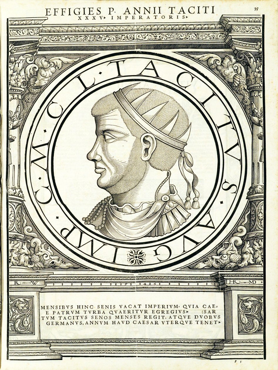 Tacitus, tüm Doğu ve Batı Roma İmparatorlarından eski sikkelerin en gerçek resimlerini içeren illüstrasyon, Rudolph Wyssenbach tarafından gravür, Andreas Gesner tarafından basılmış, Zürih, 1559 by Hans Rudolf Manuel Deutsch