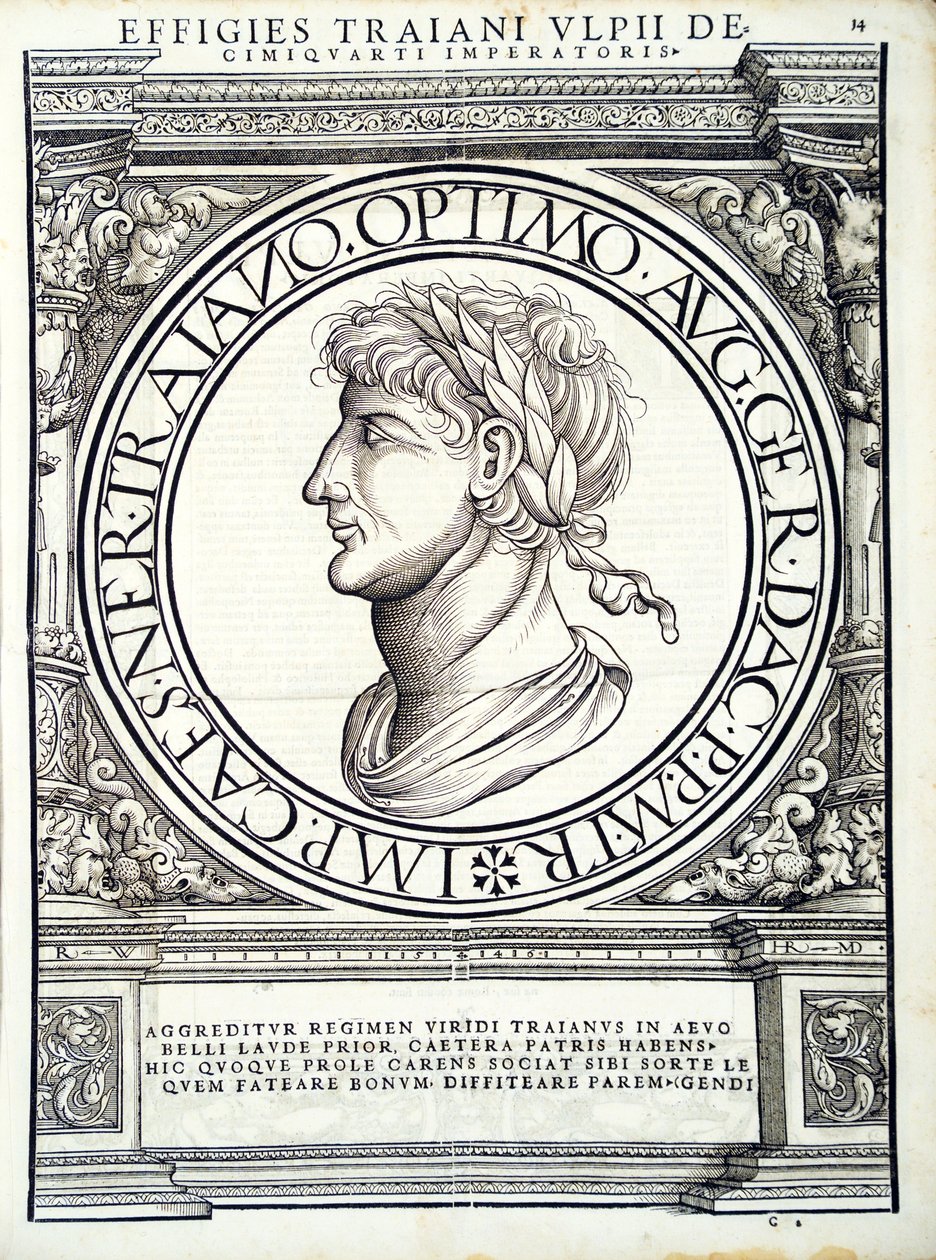 Traianus, 'Tüm Doğu ve Batı'nın Roma İmparatorları'ndan bir çizim by Hans Rudolf Manuel Deutsch