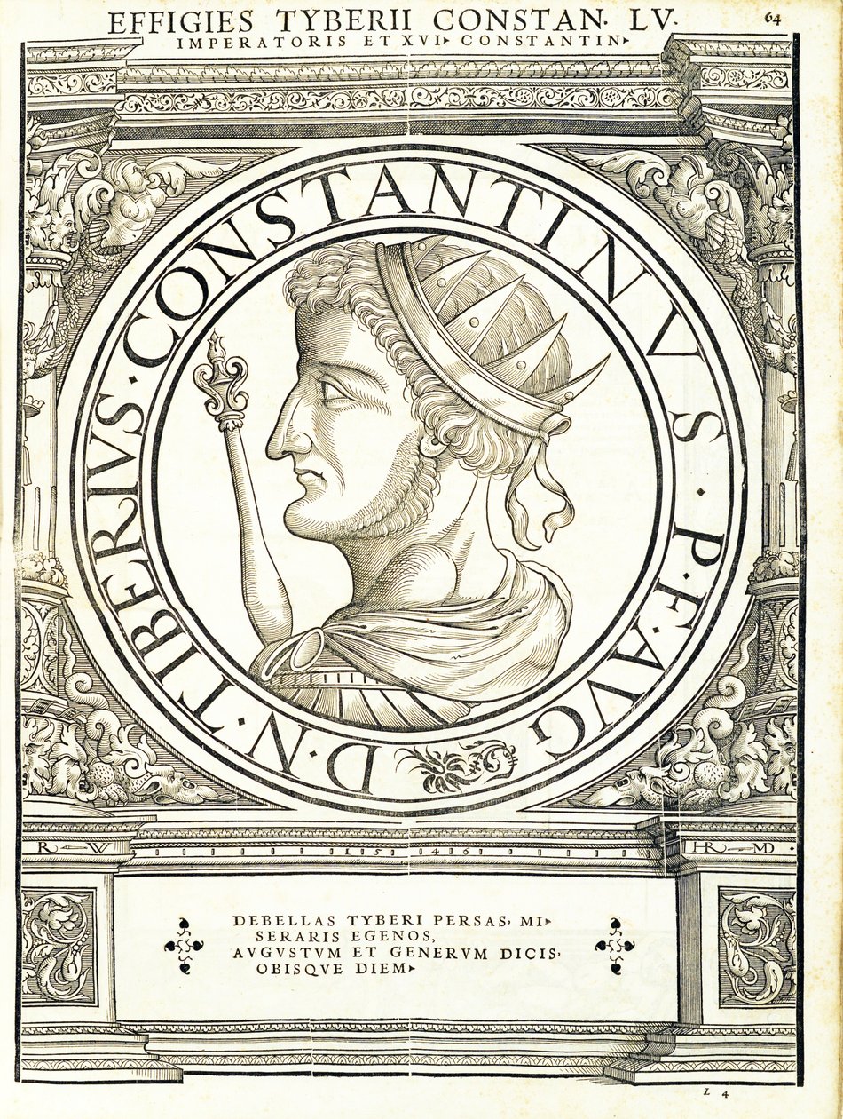 Tyberius Constantinus, tüm Doğu ve Batı Roma İmparatorlarından, antik madalyaların en özgün resimlerini içeren illüstrasyon, Rudolph Wyssenbach tarafından gravür, Andreas Gesner tarafından basılmıştır, by Hans Rudolf Manuel Deutsch