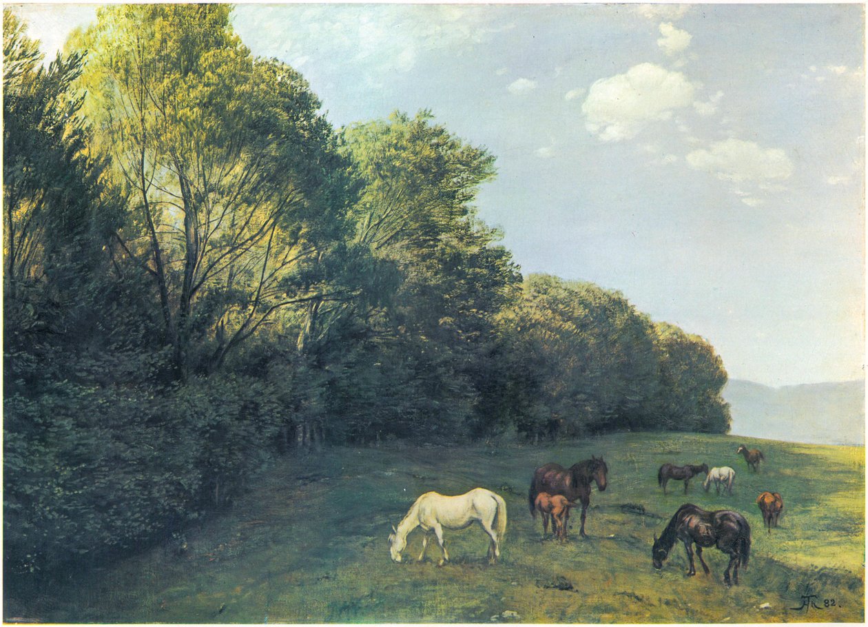 Otlayan atlarla manzara by Hans Thoma