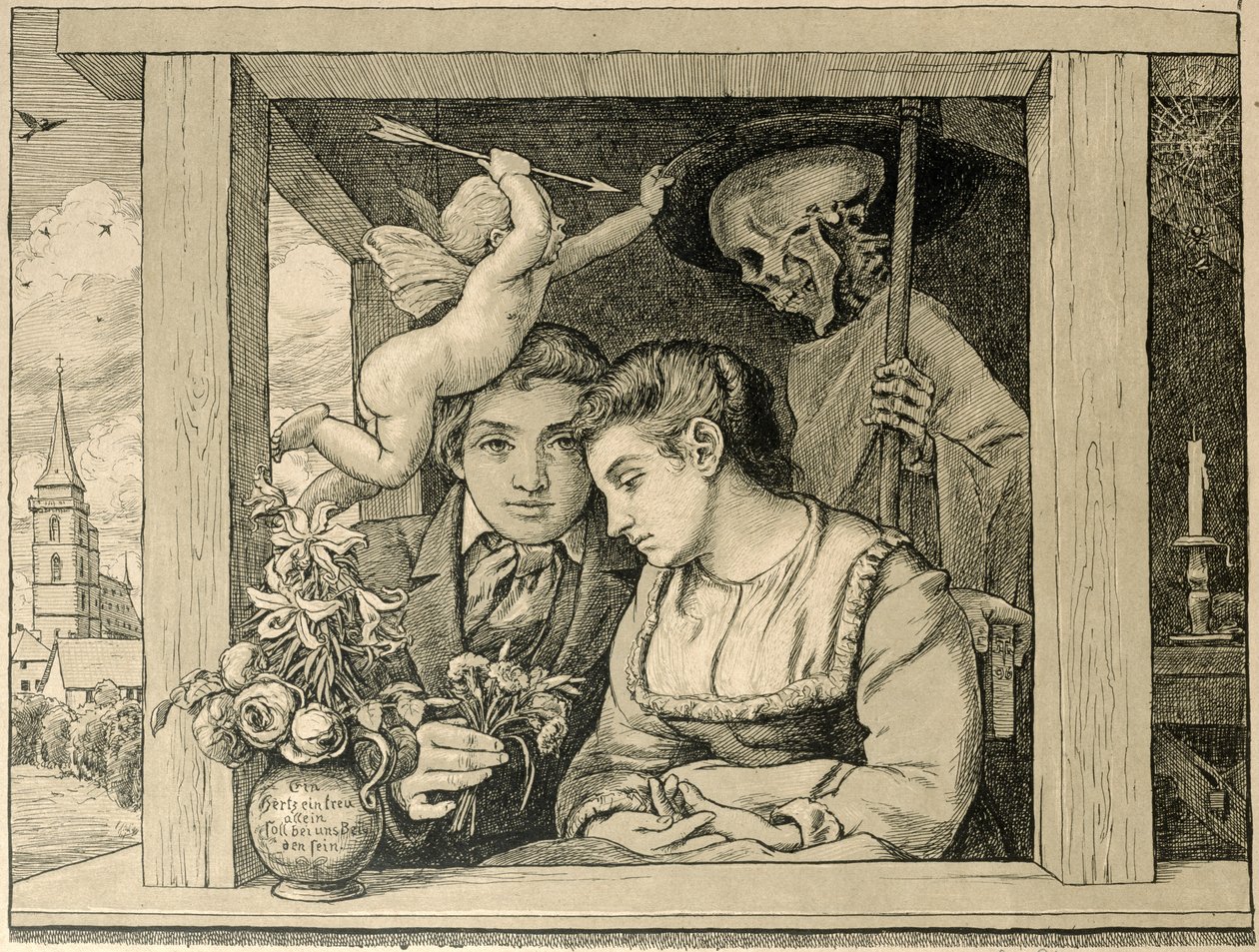 Orakçı Ölümü (Aşk ve Ölüm, Yeni Evliler) 1896 (kahverengi kağıt üzerine gravür) by Hans Thoma