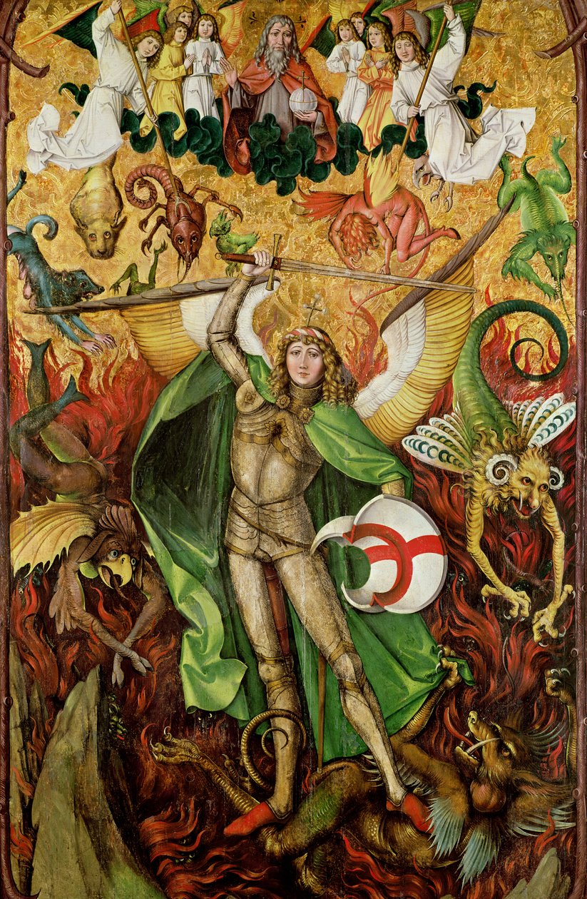 Başmelek Aziz Mikail, Lucifer ile savaşırken, c.1490-1505 (tahta üzerine yağlı boya) by Hans Leu
