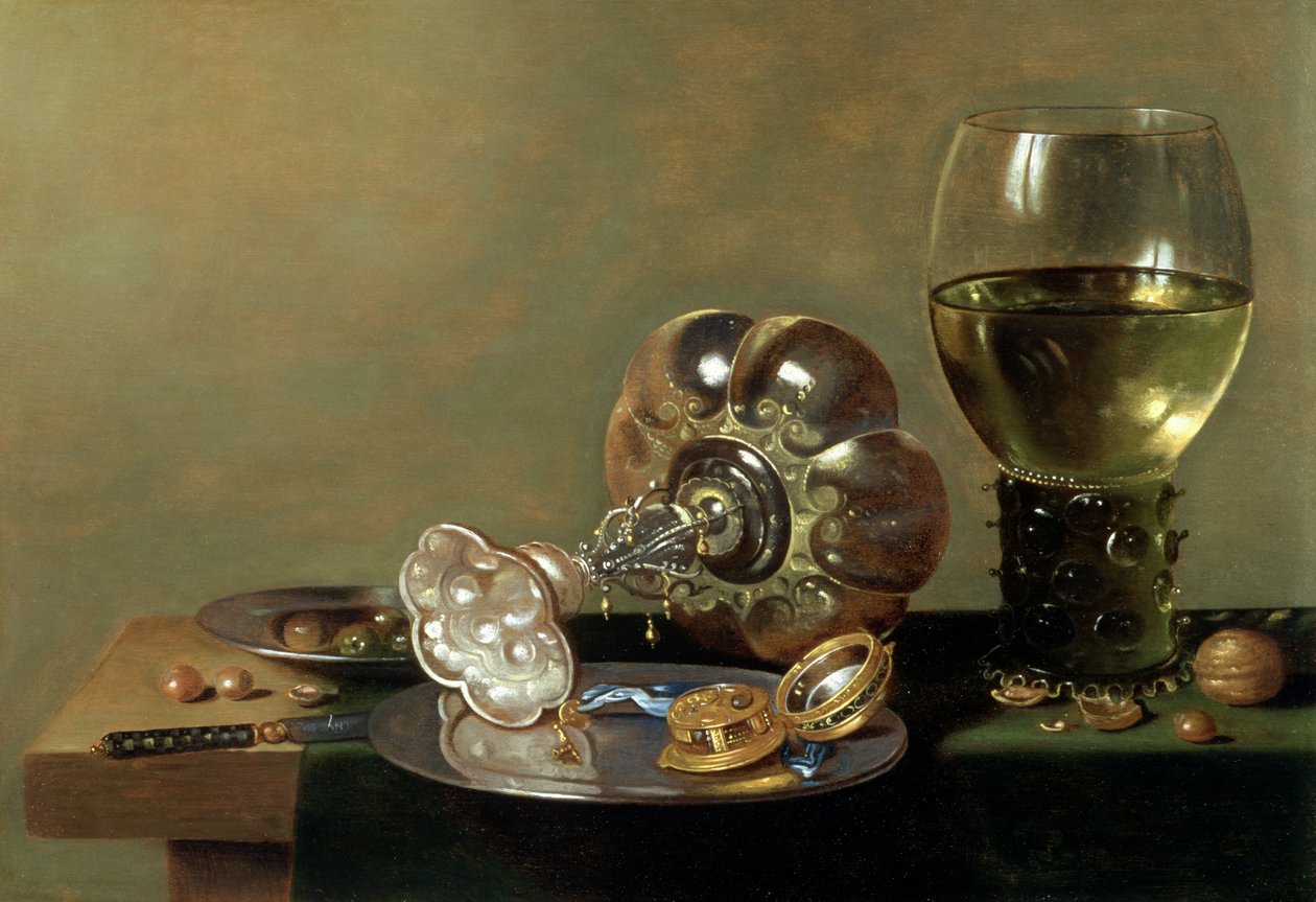 Bir kadeh şarap, tazza ve kalaylı bir tabak ile natürmort by Hans van Sant