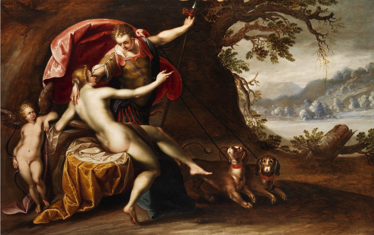 Venüs ve Adonis tazılarla by Hans von Aachen