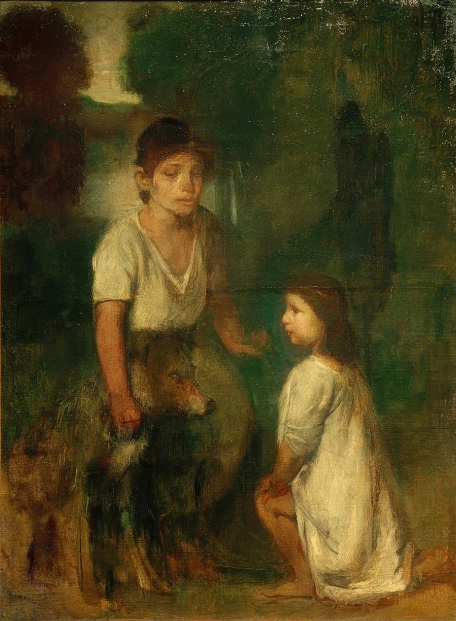 Bir köpek ile iki çocuk by Hans von Marées