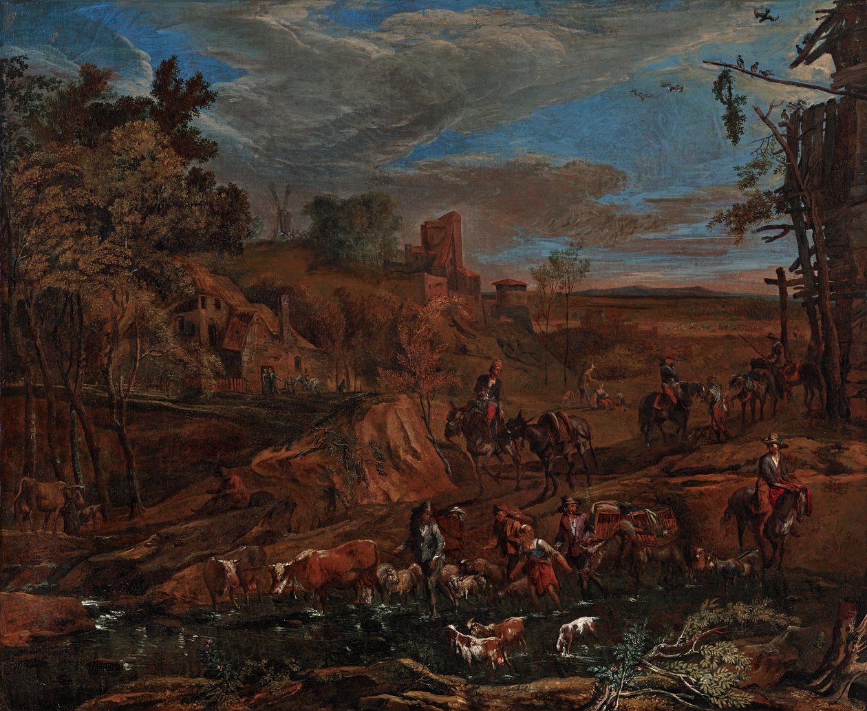 Ford ve sığır sürücü ile sonbahar manzarası by Hans (Johann Baptist) Graf