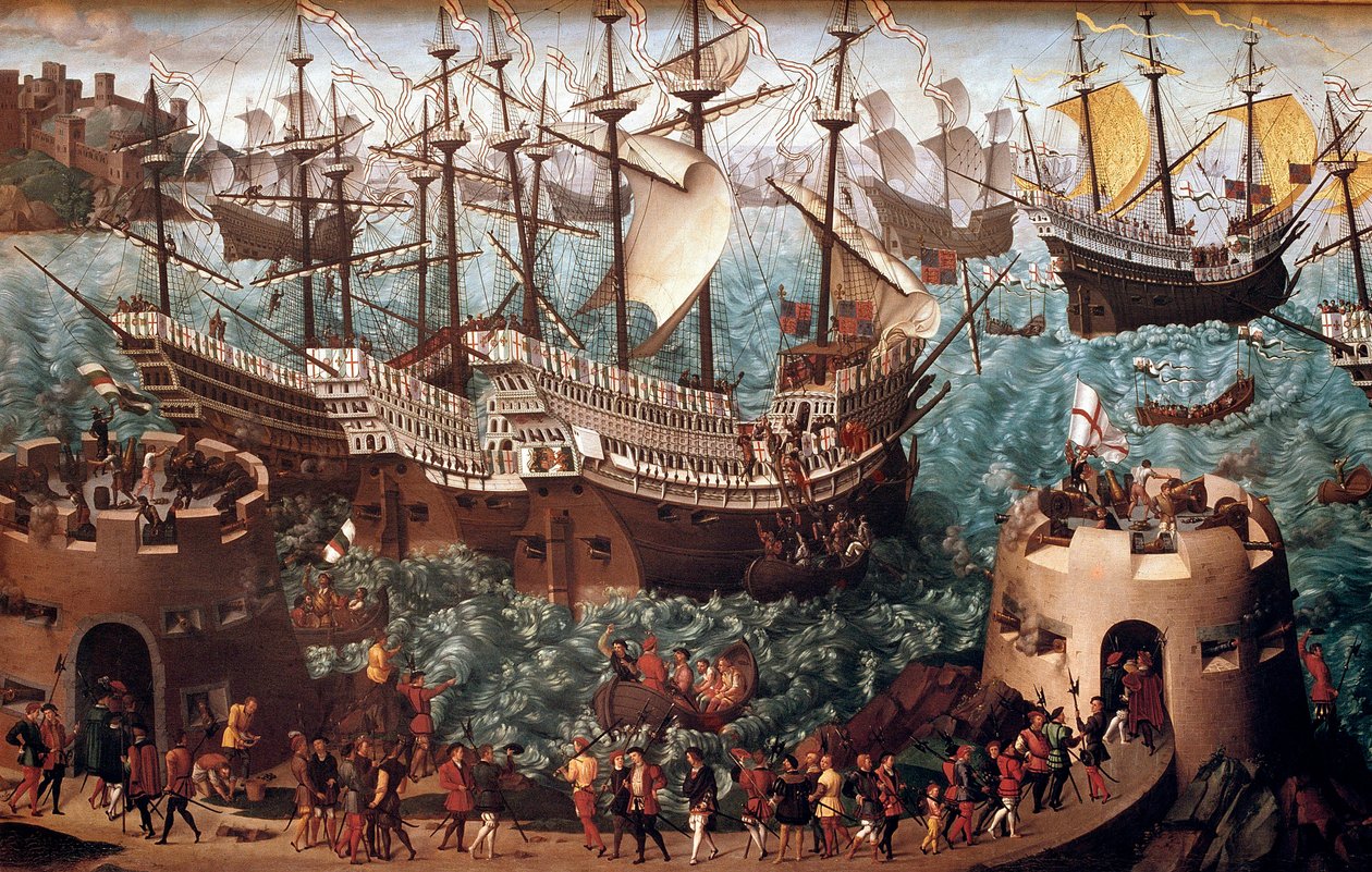 Henry VIII'in (1491-1547) 7/06/1520'de I. François (Camp du Drap d'Or) ile imzalanan ticaret münasebetiyle Henri Grace a Dieu” galionunda Dover'da gemiye binmesi”” Hans Holbein'in tablosu Gençler (1497-1543). 16. yüzyıl Paris, Musee de  by Hans (after) Holbein the Younger