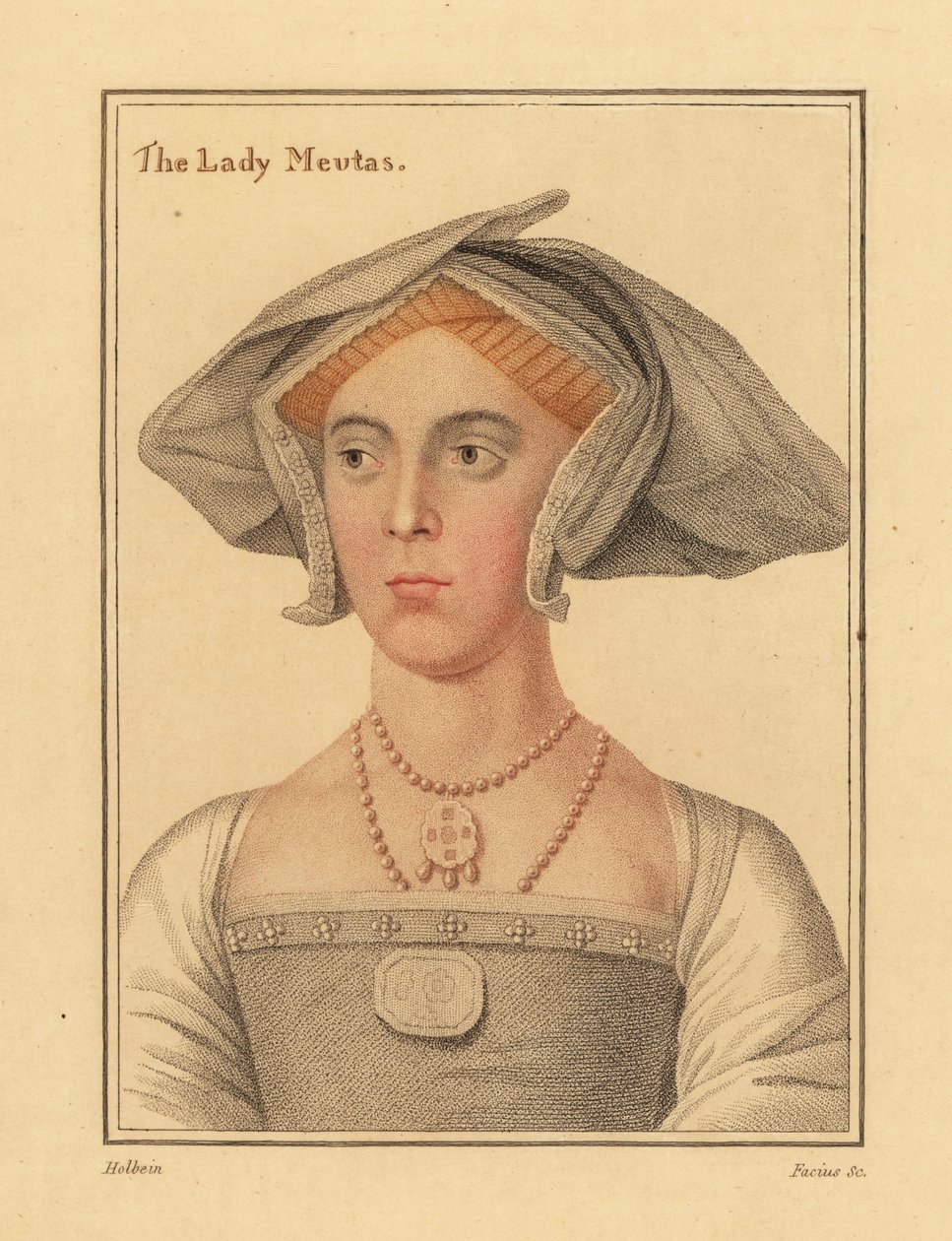Joan, Leydi Meutas, Jane Seymour'u bekleyen hanımefendi. ,1812 (gravür) by Hans (after) Holbein the Younger
