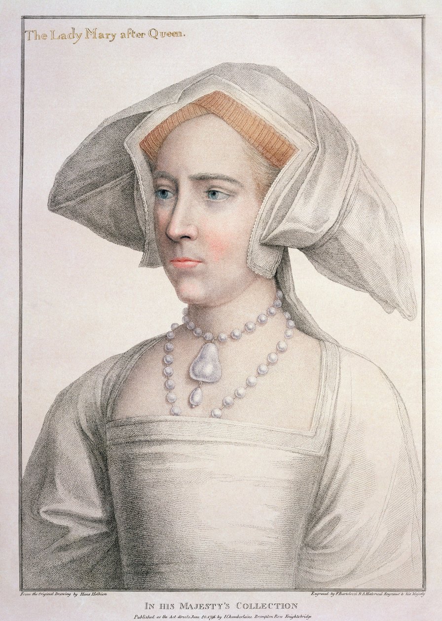Mary Tudor (1516-58), Francesco Bartolozzi (1727-1815) tarafından oyulmuş (gravür) by Hans (after) Holbein the Younger