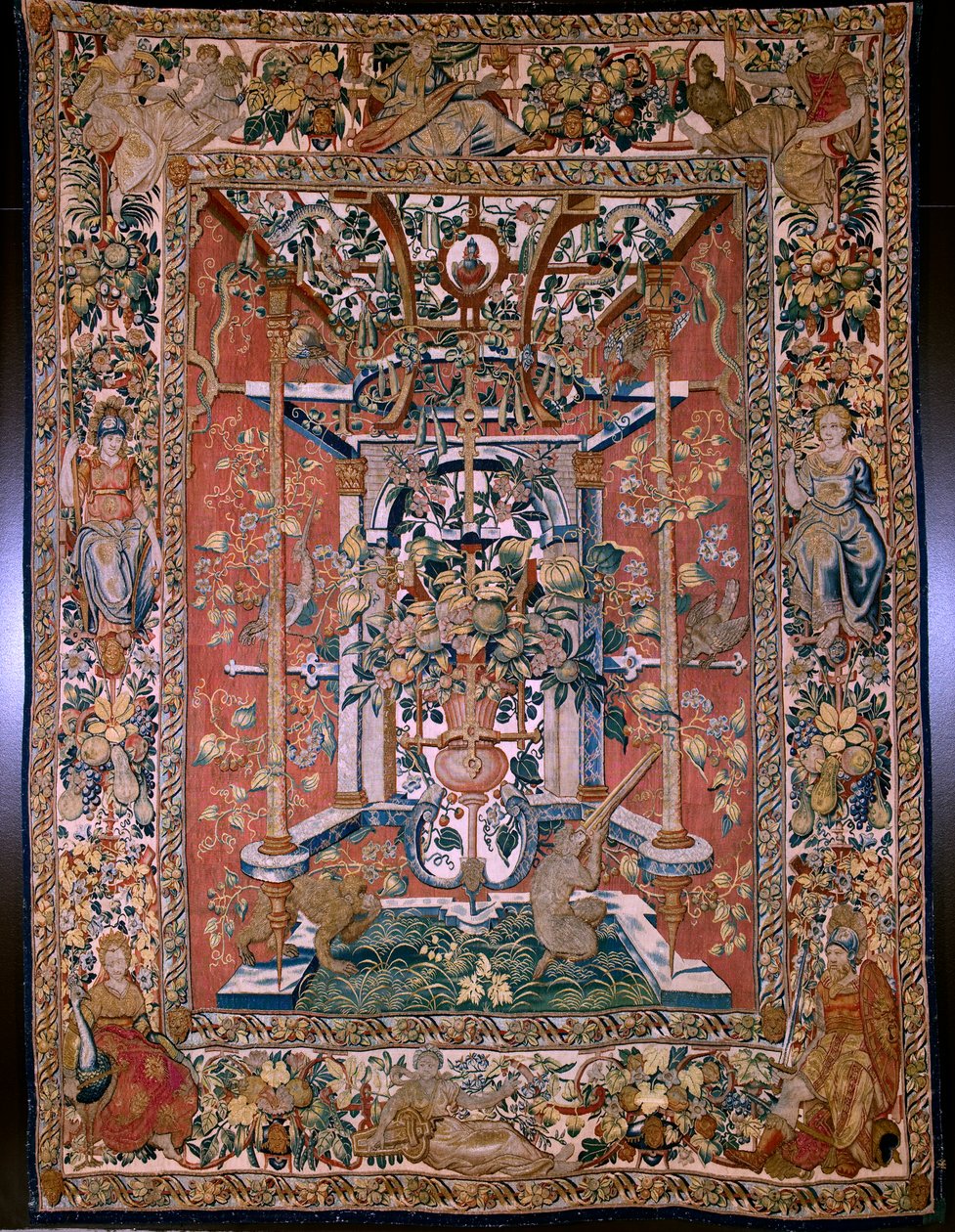 Flaman halısı. Maymunlu seri groteskler: Arquebus ile ateş eden maymunlar. Karikatürist Hans Vredeman de Vries (?). Atelier Seger Bombeck, Brüksel. 1542-1560. by Hans (after) Vredeman de Vries