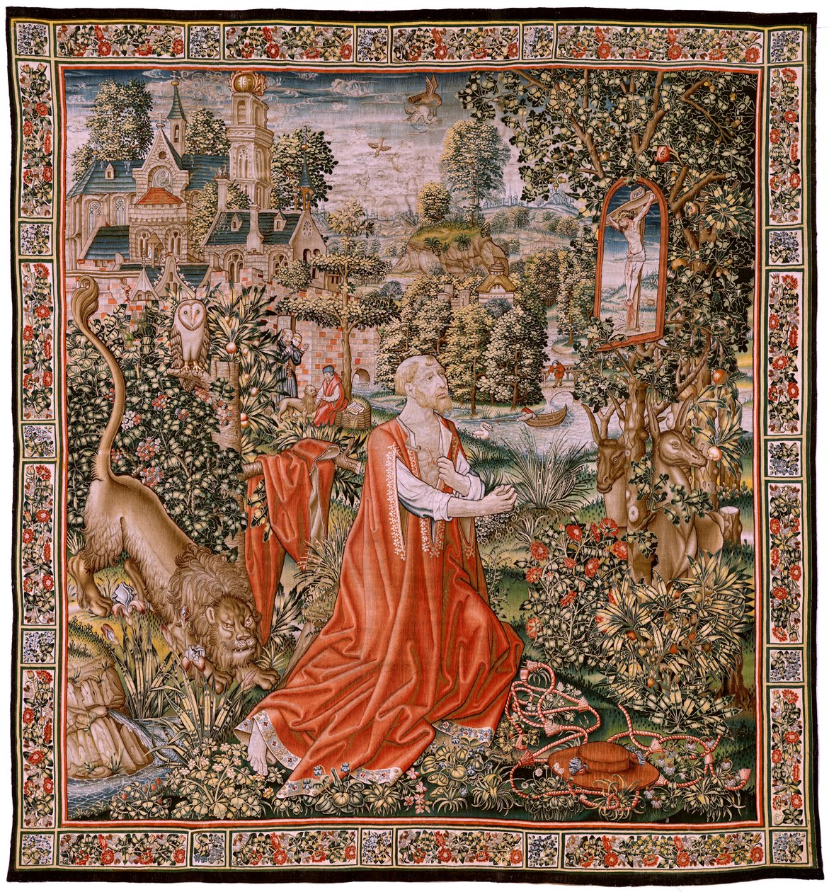 Flaman halısı. Tövbekar Aziz Jerome veya Çöldeki Aziz Jerome (San Jerónimo penitente, o San Jerónimo en el desierto). Modeller Karikatür Hans Memling (yaklaşık 1433-1493) veya Gerard David (yaklaşık 1450-1523) çevresine atfedilir. Bilinmeyen Dokumacı imala by Hans (school of) Memling