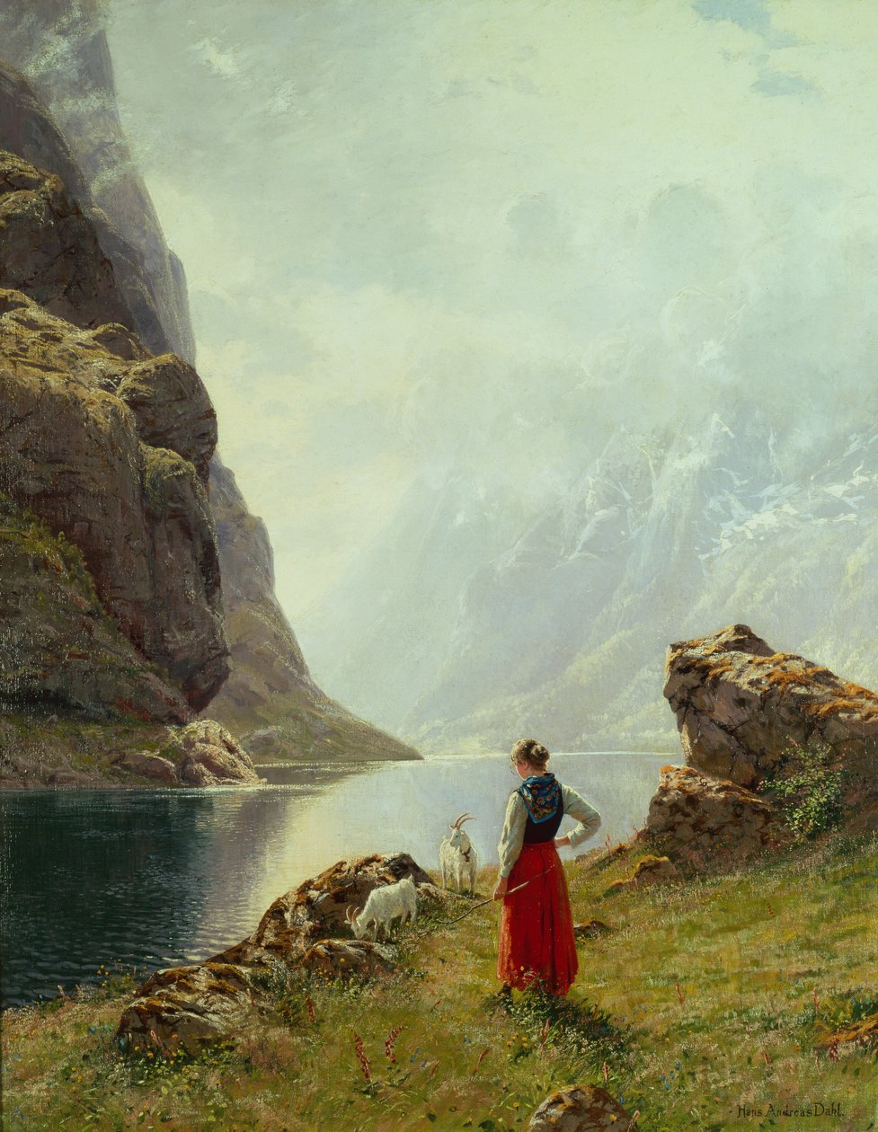 Fiyordun Yanında Keçili Bir Kız (tuval üzerine yağlı boya) by Hans Andreas Dahl