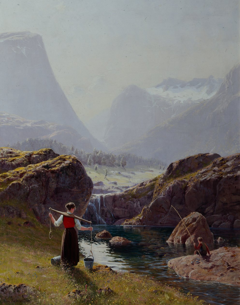 Kovalarca Sulu Kız ve Balık Tutan Oğlan (tuval üzerine yağlı boya) by Hans Andreas Dahl