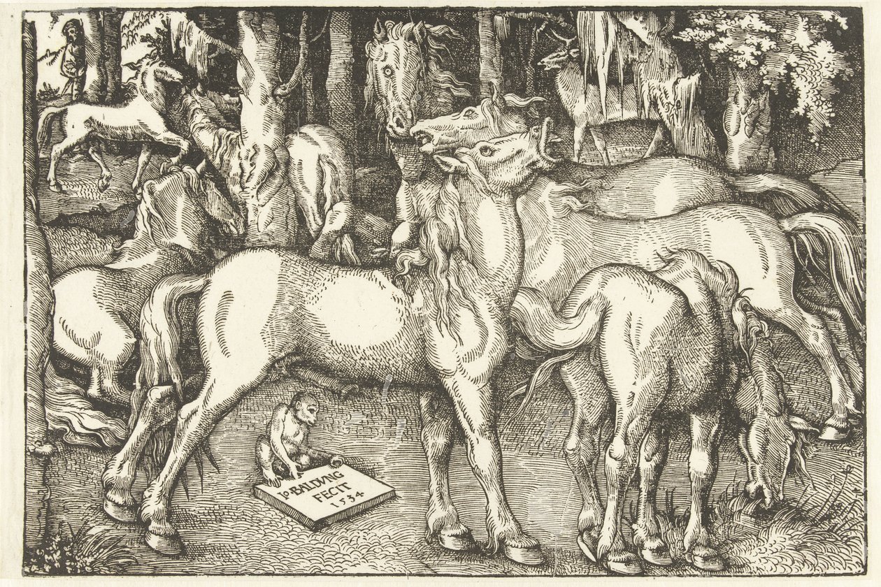Yedi at ve bir maymun grubu by Hans Baldung Grien