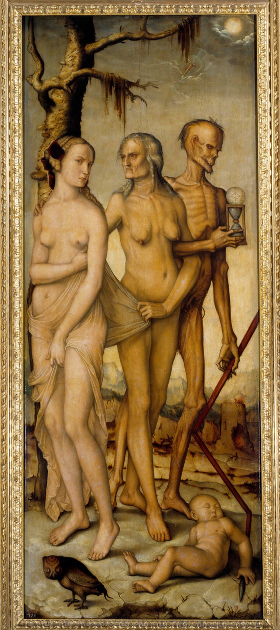 Hayatın yaşları Genç bir kadın, yaşlı bir adam ve elinde kum saati olan bir iskelet. Hans Baldung dit Grien (1484-1545) tarafından tablo 1540 Dim. 1,51 x 0,61 m Madrid, Prado Müzesi by Hans Baldung Grien