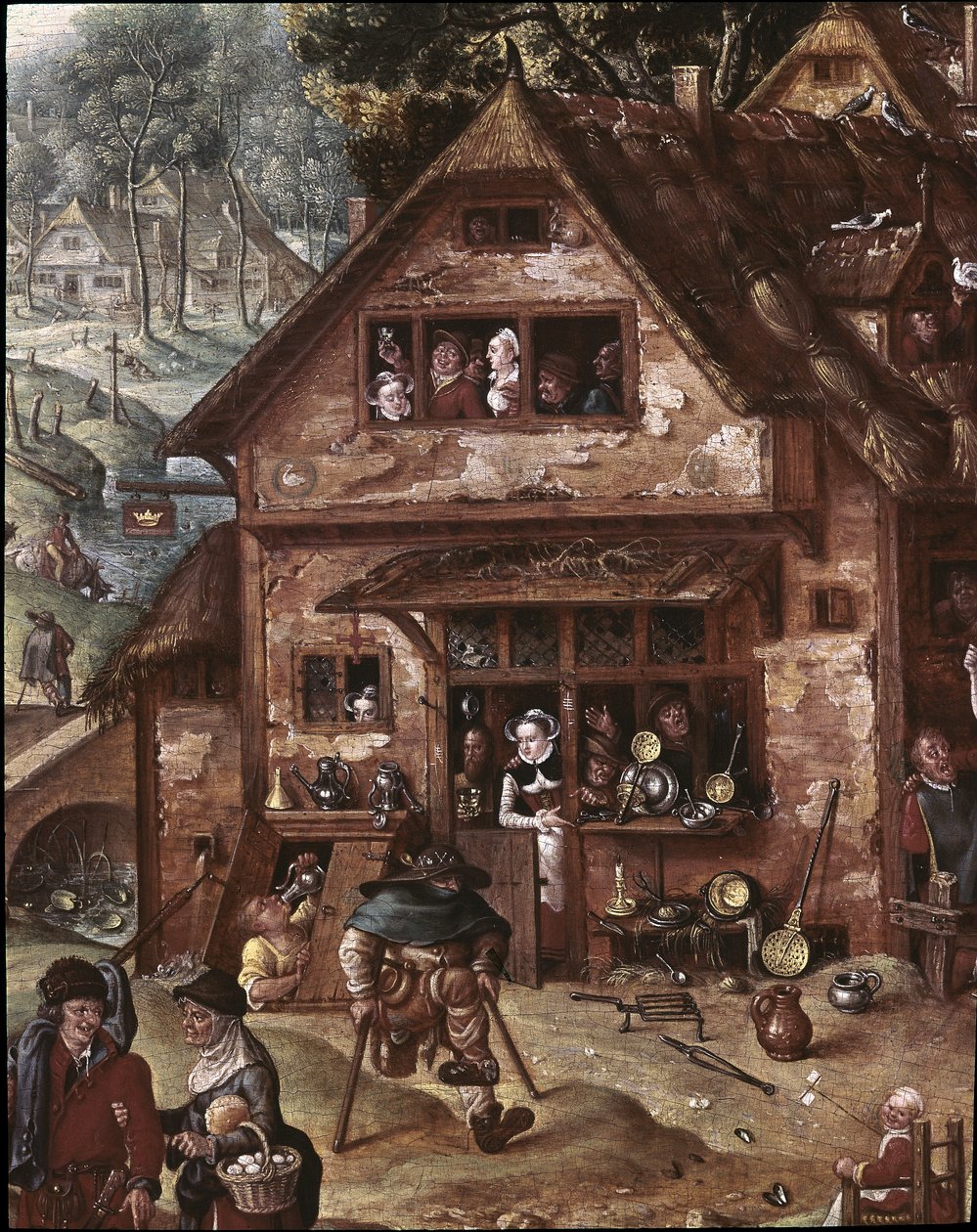 Burlesk sahnelerle köyün görünümü. Meyhanenin detayı by Hans Bol