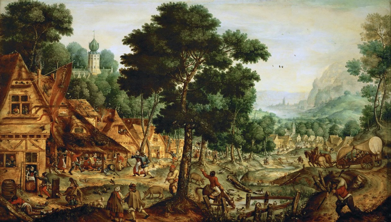 Köy flamand - Flaman köy yaşamı - Hans Bol (1534-1593). Ahşap üzeri yağlı boya, yaklaşık 1562. Ebat : 49,5x83,8 cm. Sanat Tarihi Müzesi, Viyana by Hans Bol