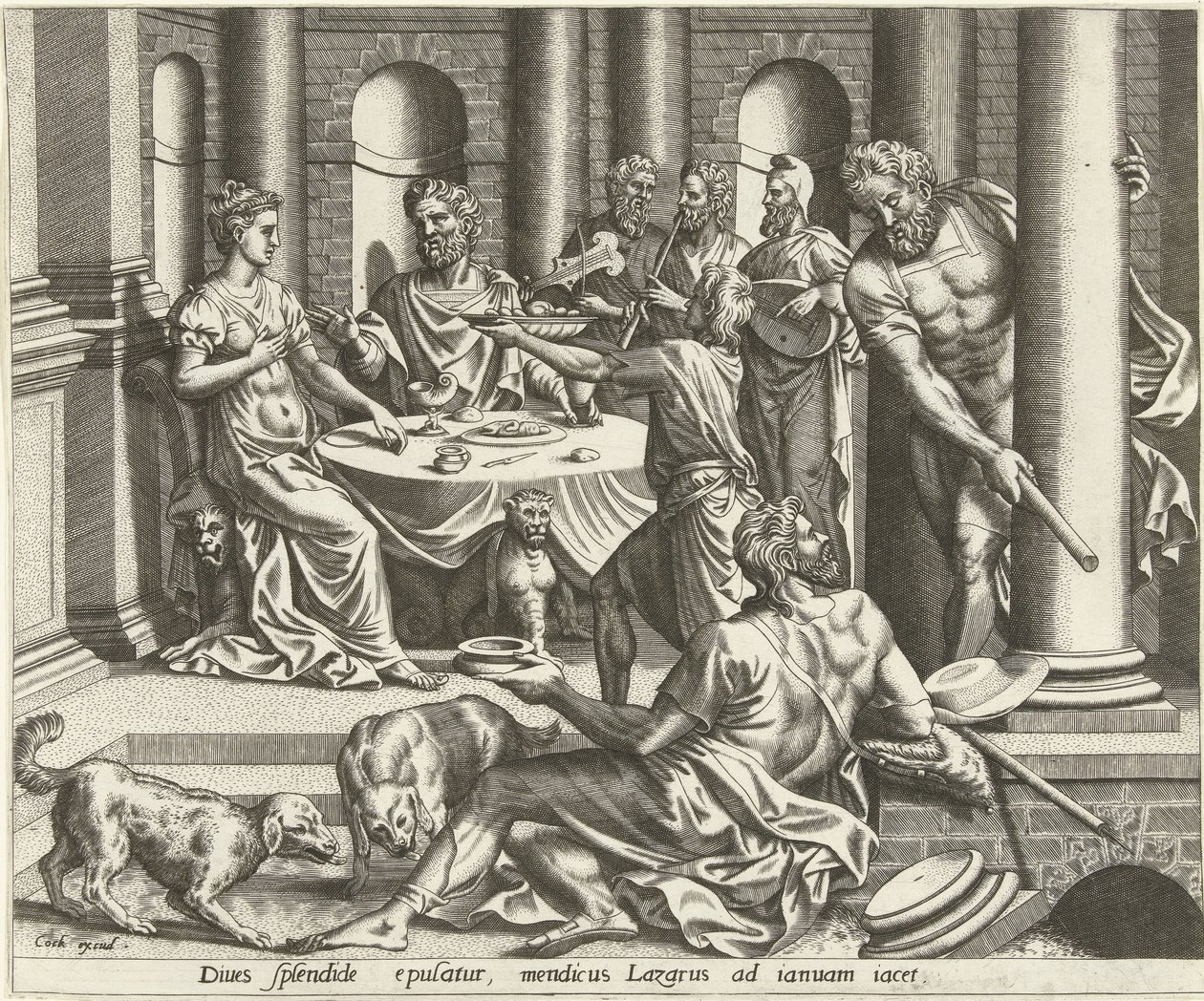 Lazarus zengin adamın evi için yalvarıyor Lazarus ve Zengin Adamın Tarihi (dizi başlığı) by Hans Collaert (I) (possibly)