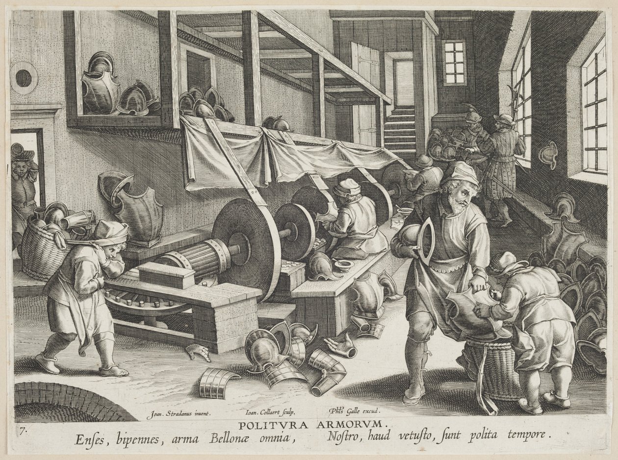 Politura Armorum (Parlatma Kolları), Nova Reperta (Modern Keşifler) serisinden levha 17, c.1588 (döşemiş kağıt üzerine gravür) by Hans Collaert