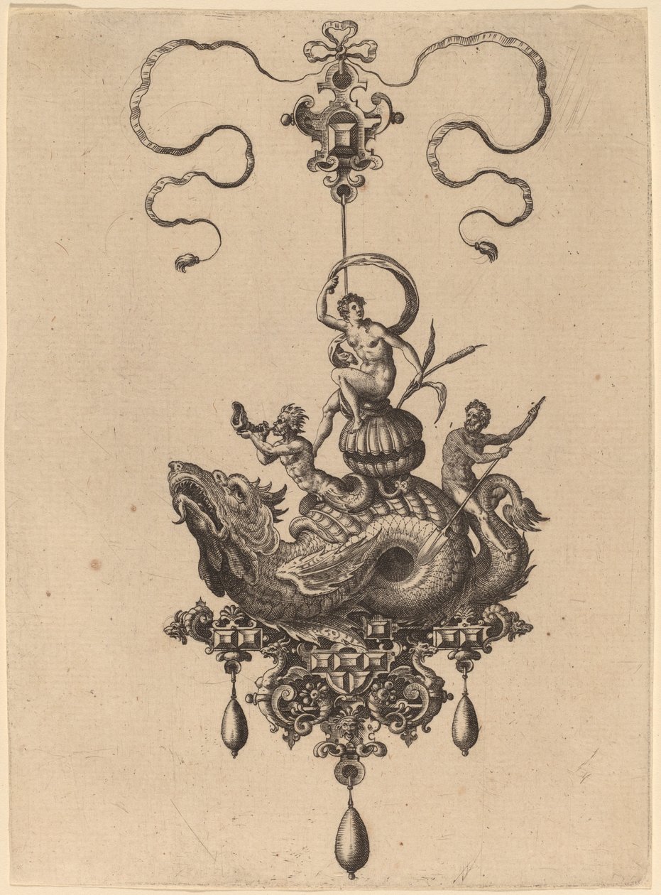 Bir Triton ve Kürekli Bir Adam ile Bir Kabukta Bir Kadın Taşıyan Deniz Canavarı ile bir Kolye Tasarımı by Hans Collaert the Elder