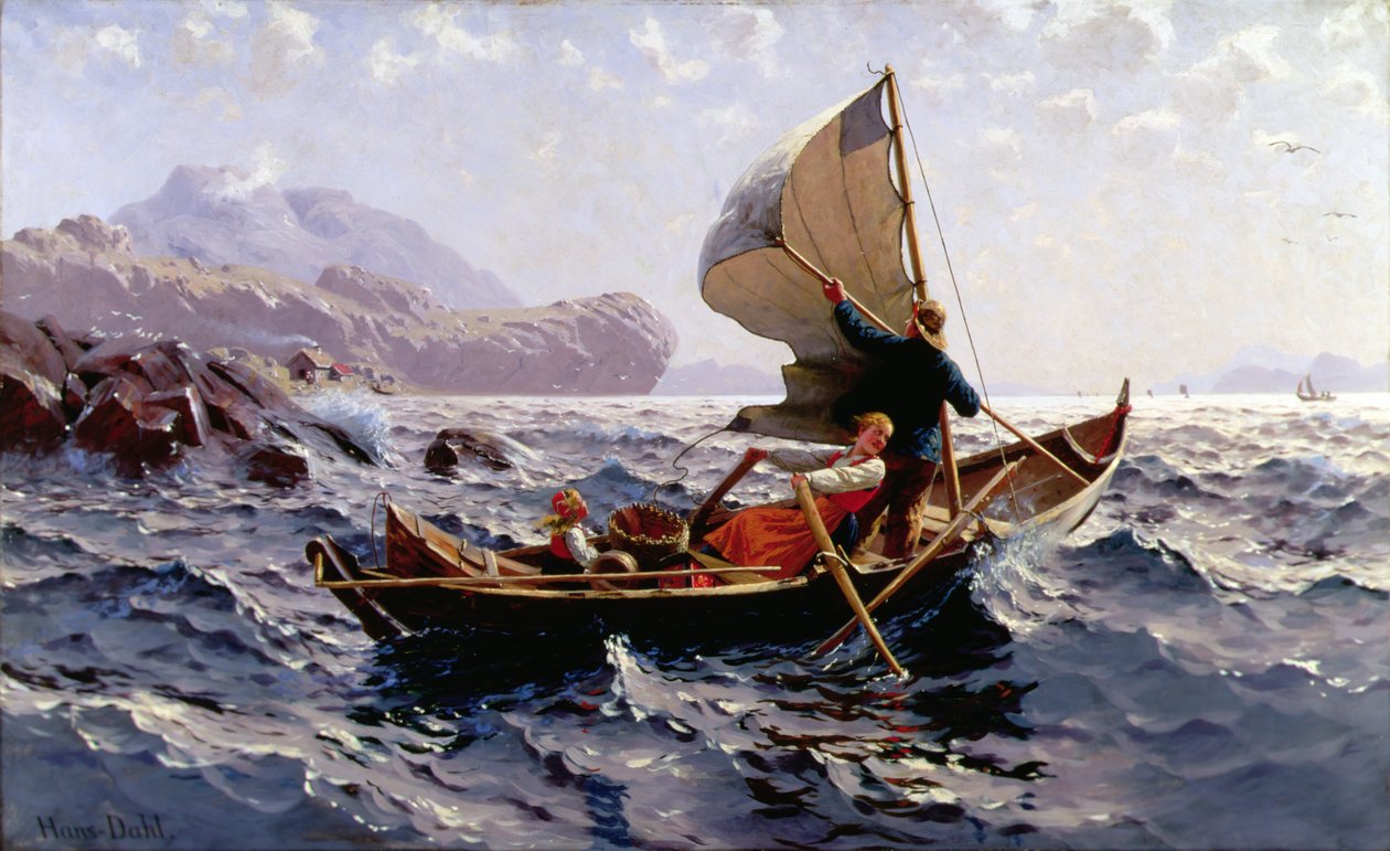 Bergen Yakınlarında Norveçli Bir Balıkçı Teknesi (tuval üzerine yağlı boya) by Hans Dahl