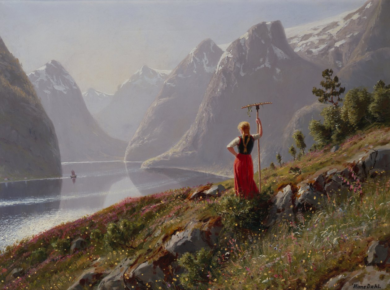 Fiyort manzarasında tırmığı olan kız by Hans Dahl