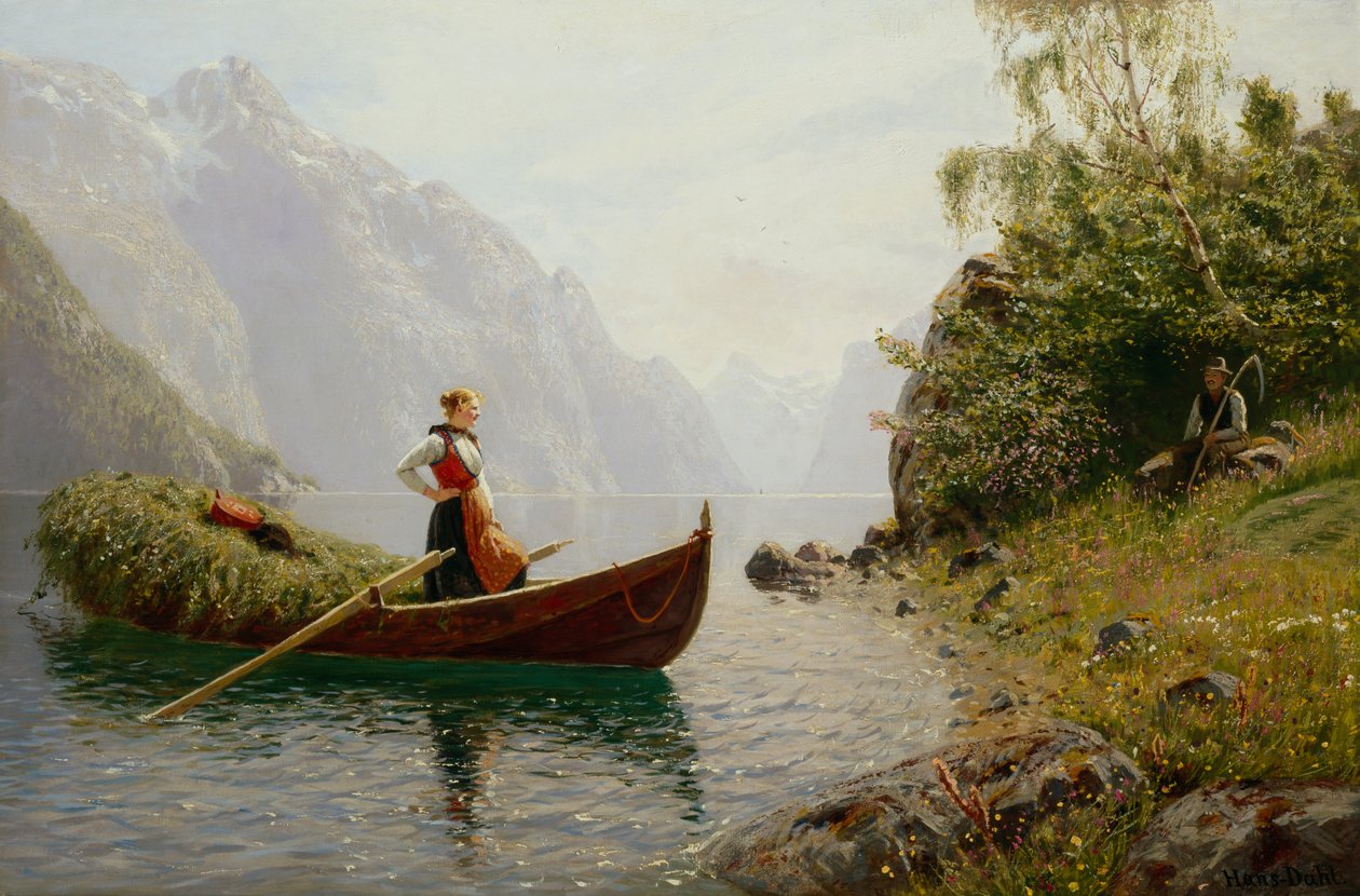 Kadın ve erkek fiyort manzarasında by Hans Dahl