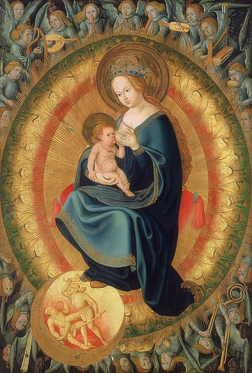 Meryem, çocuğu meleksel bir görkemle emziriyor. 1500-10 by Hans Fries