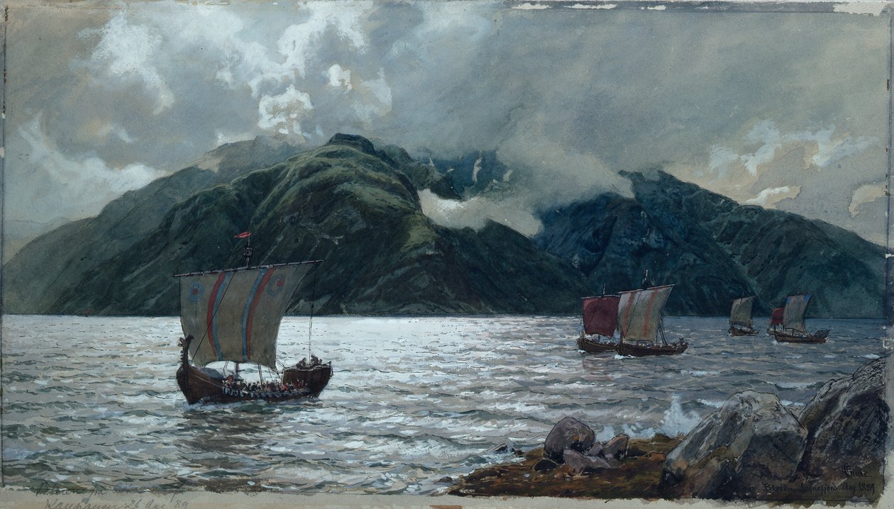Viking Gemileri, Sognefjord (kağıt üzerine suluboya, tükenmez kalem, kurşun kalem ve guaş) by Hans Gude