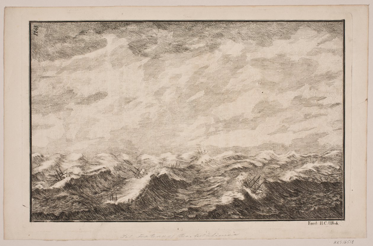 Sert denizlerde gemiler. Fontenay için İllüstrasyon, "Lake Evolution"; Kopenhag 1743 by Hans Henrich Christian Ulrich