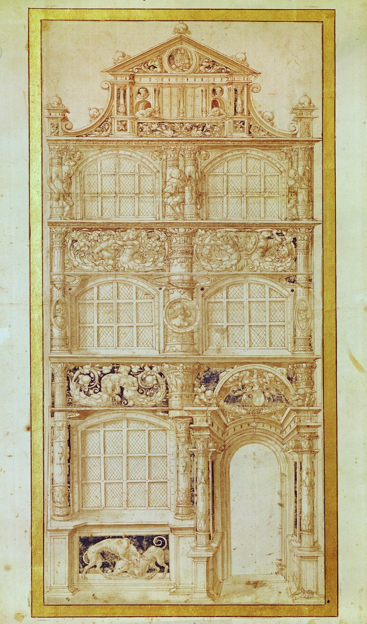 Üç katlı bir evin cephesi ve bir üçgen çatı önerisi (kağıt üzerine kalem ve mürekkep) by Hans Holbein der Jüngere