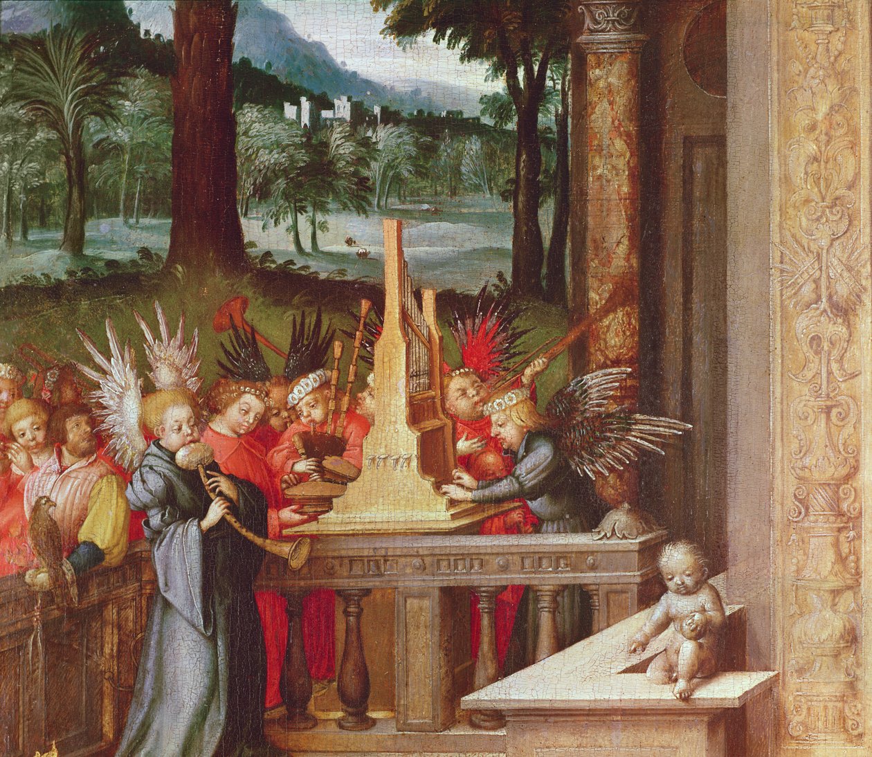 Bakire, Çocuk ve Azizler org çalan meleklerin detayı, meşe üzerine 1519 yağlı boya by Hans Holbein the Elder