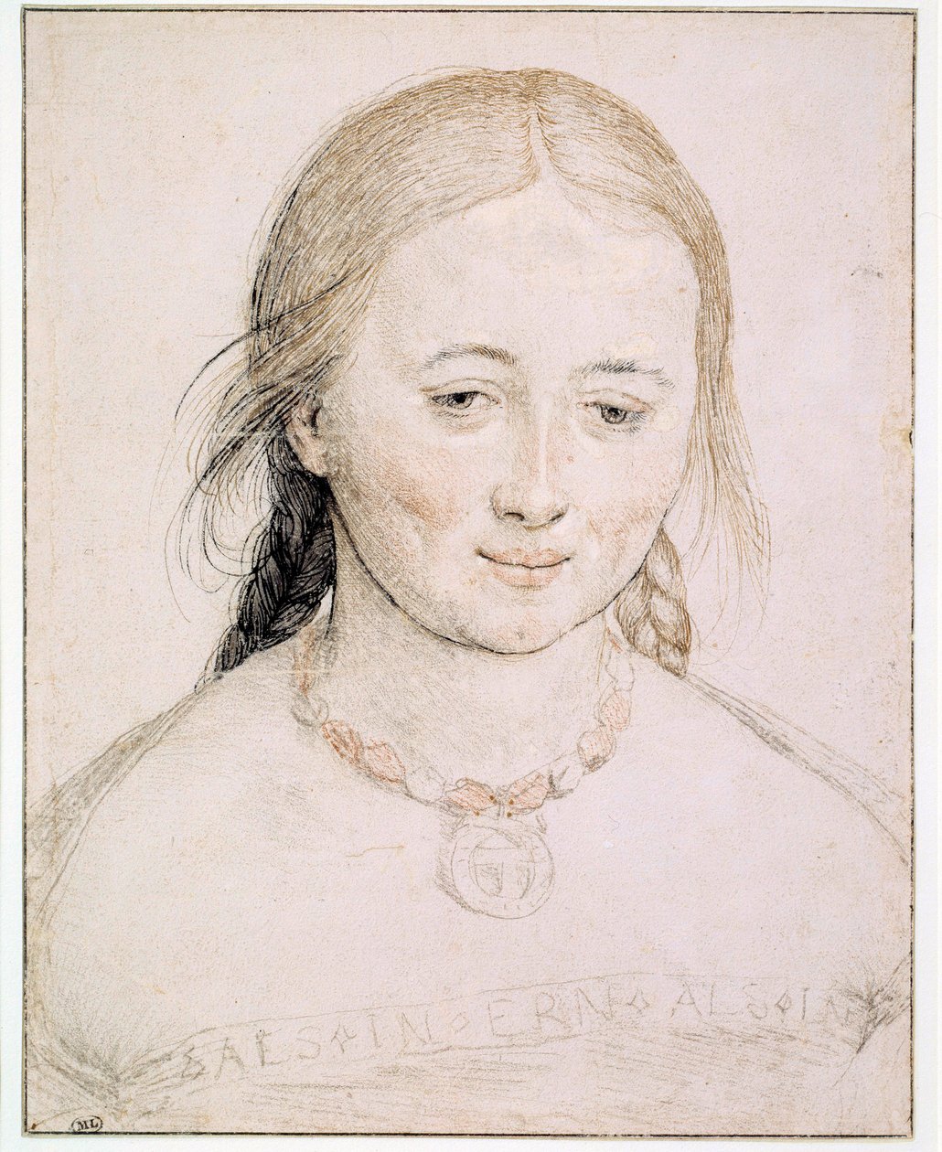 Genç kadının kafası Eski (1460-1524) 16. yüzyıl Güneşi Hans Holbein tarafından metalin, kalemin ve kanın ucundaki çizim. 0,19x0,15 m Paris, Louvre Müzesi by Hans Holbein the Elder